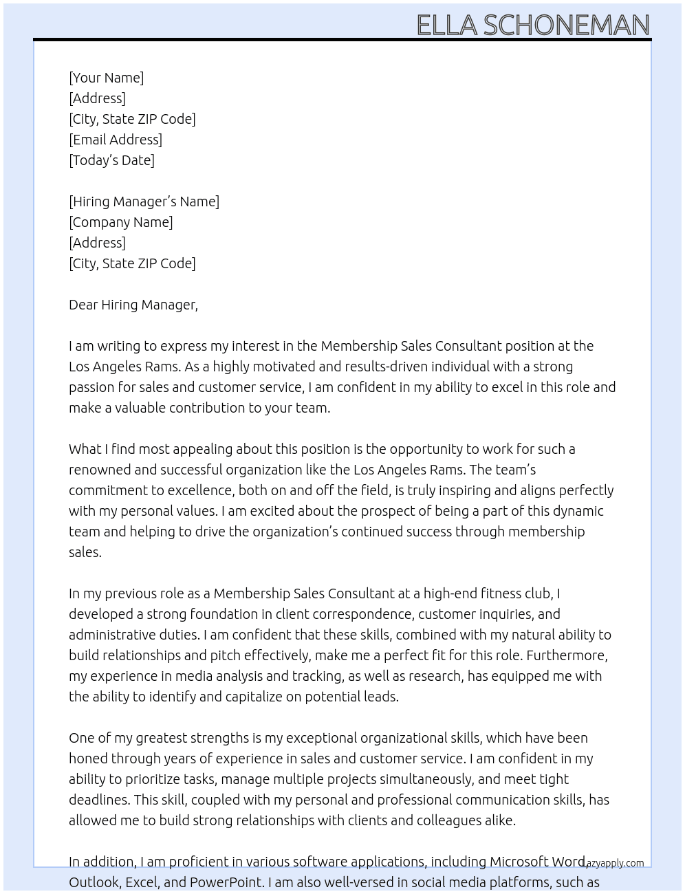 Membership Sales Consultant At Los Angeles Rams Cover Letter