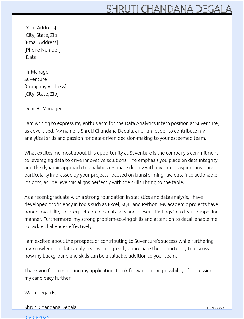 Data Analytics Intern (Fresher) At Suventure Cover Letter