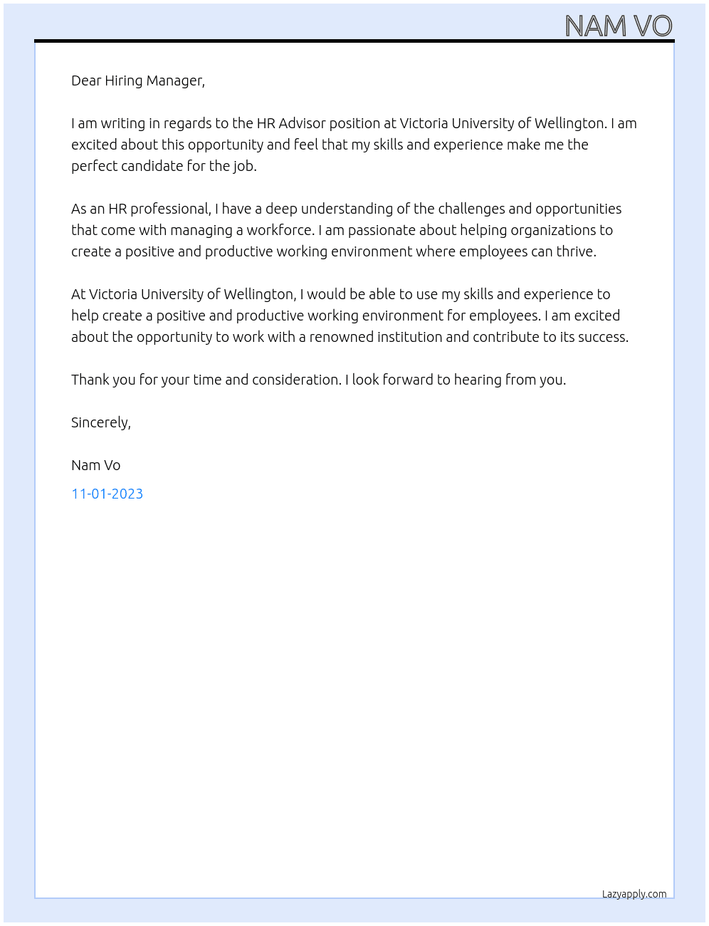 HR Advisor At Victoria University of Wellington Cover Letter