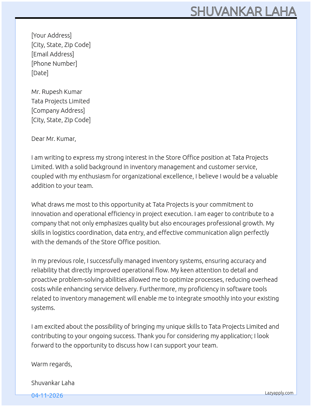 Cover letter for store office - LazyApply