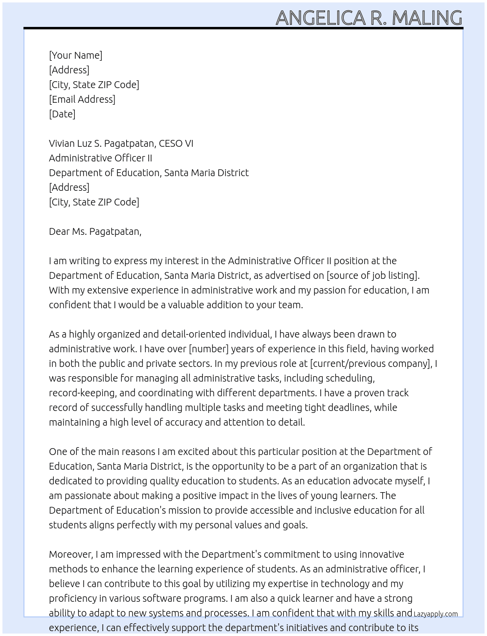 Administrative officer II  At Department of Education, Santa Maria District Cover Letter