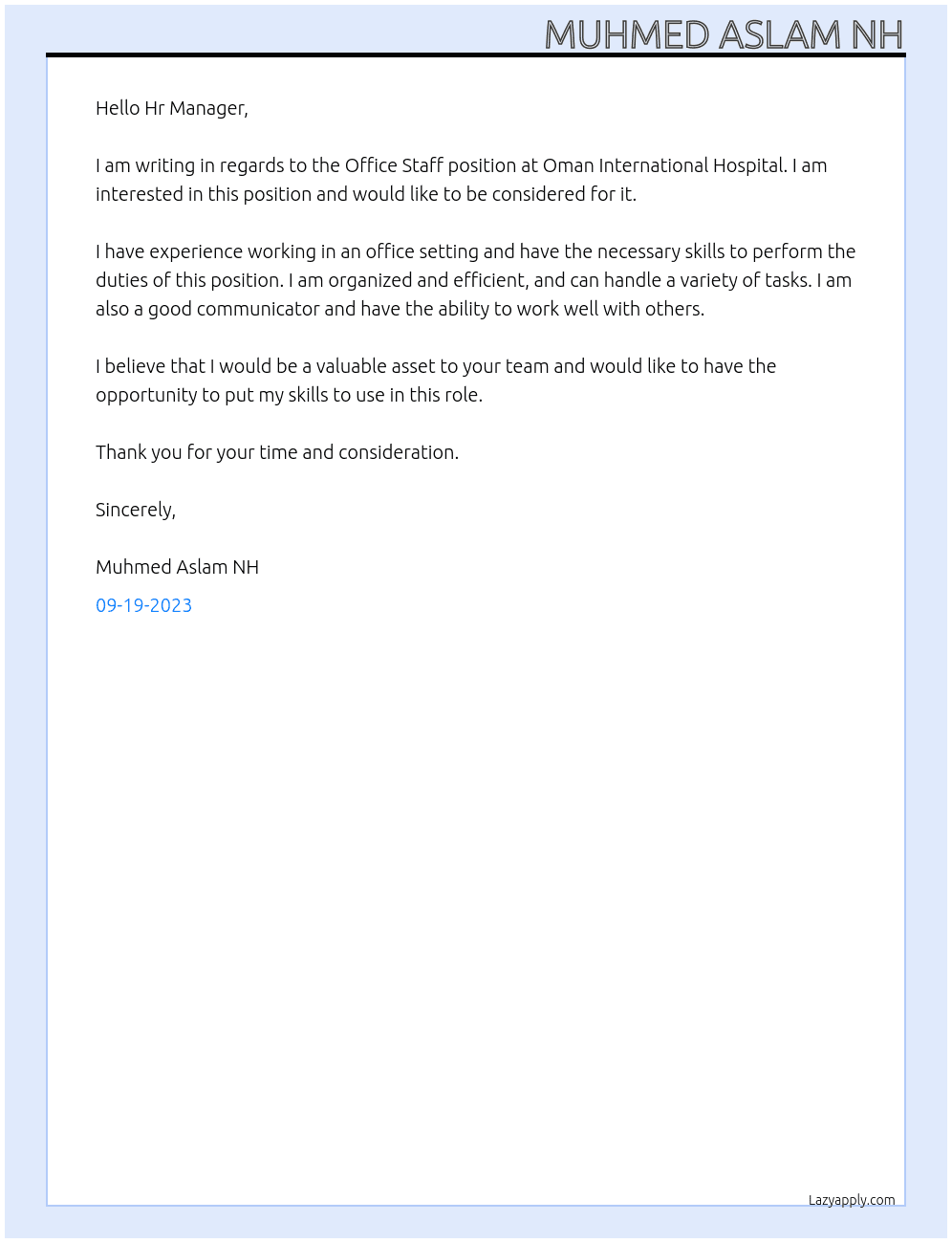 Office Staff At Oman International  Hospital Cover Letter