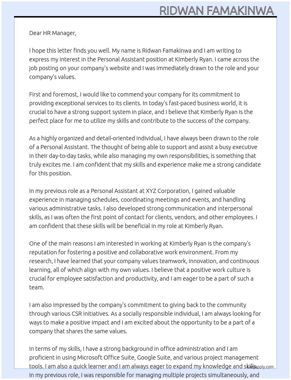 Personal Assistant  At Kimberly Ryan Cover Letter