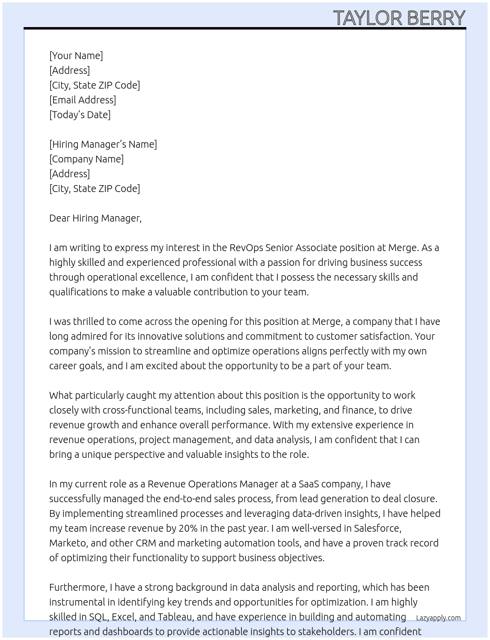 RevOps Senior Associate At Merge Cover Letter