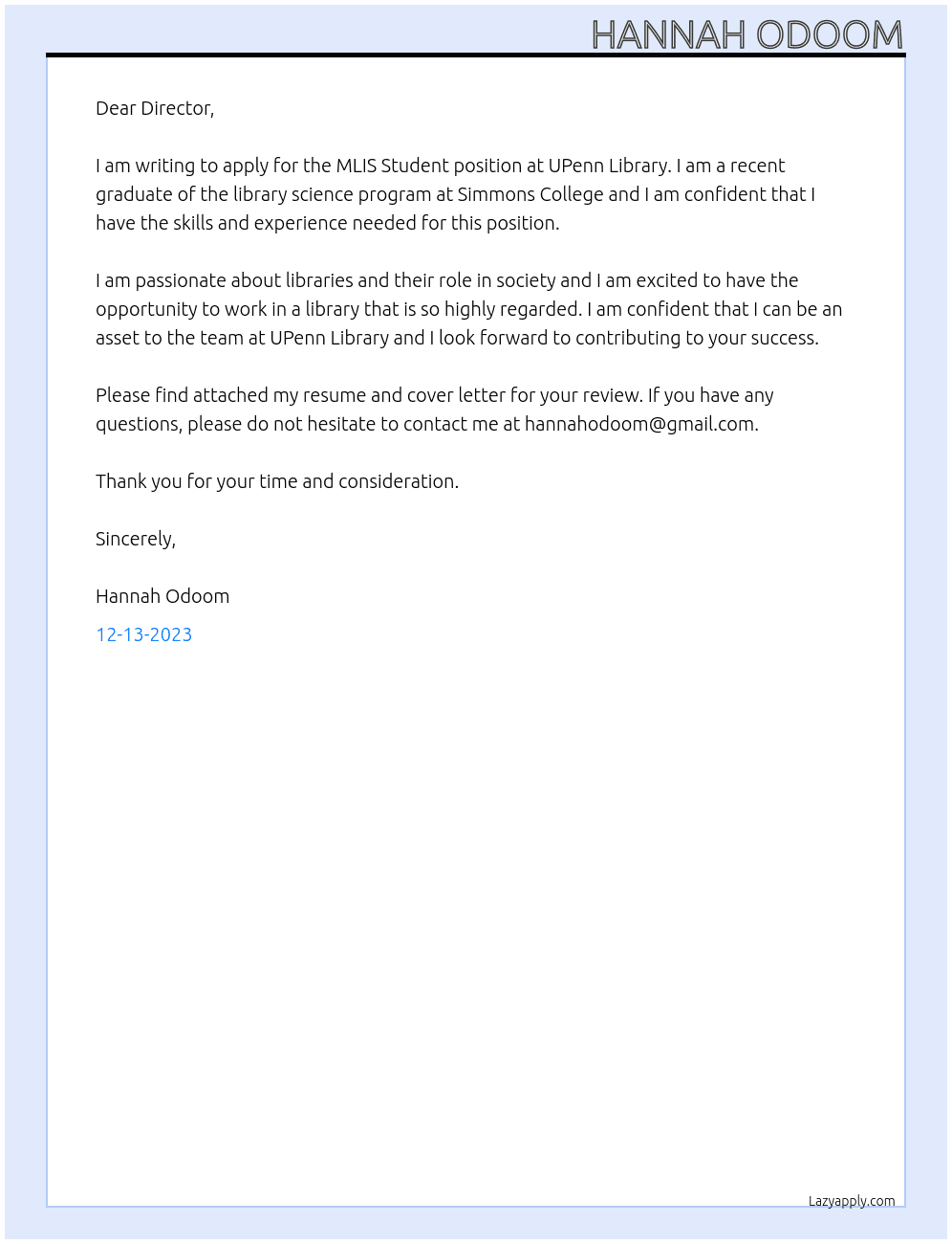 MLIS Student At UPEnn Library Cover Letter