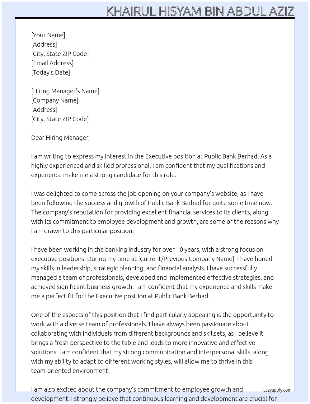 Executive  At Public Bank Berhad Cover Letter