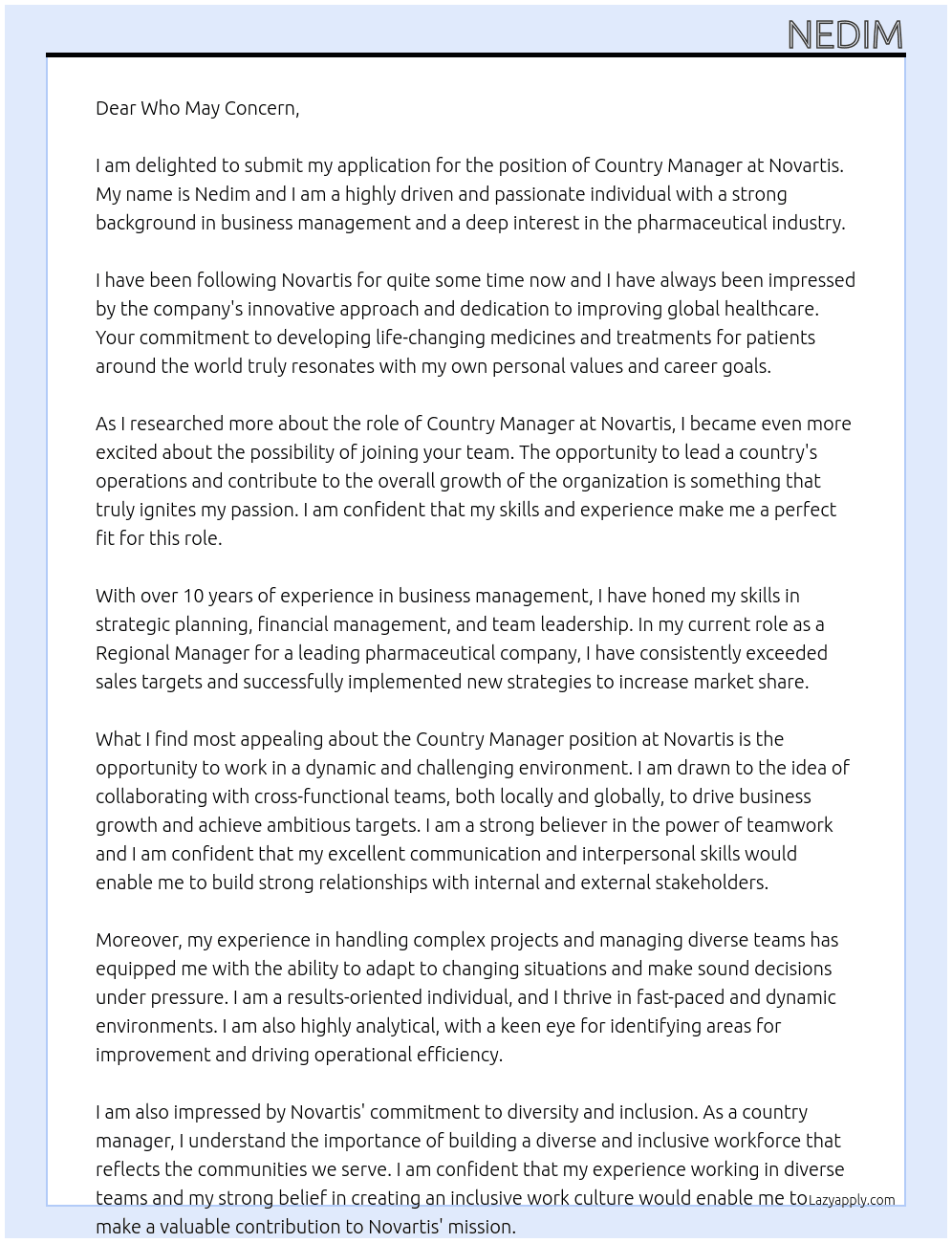 country manager At Novartis Cover Letter