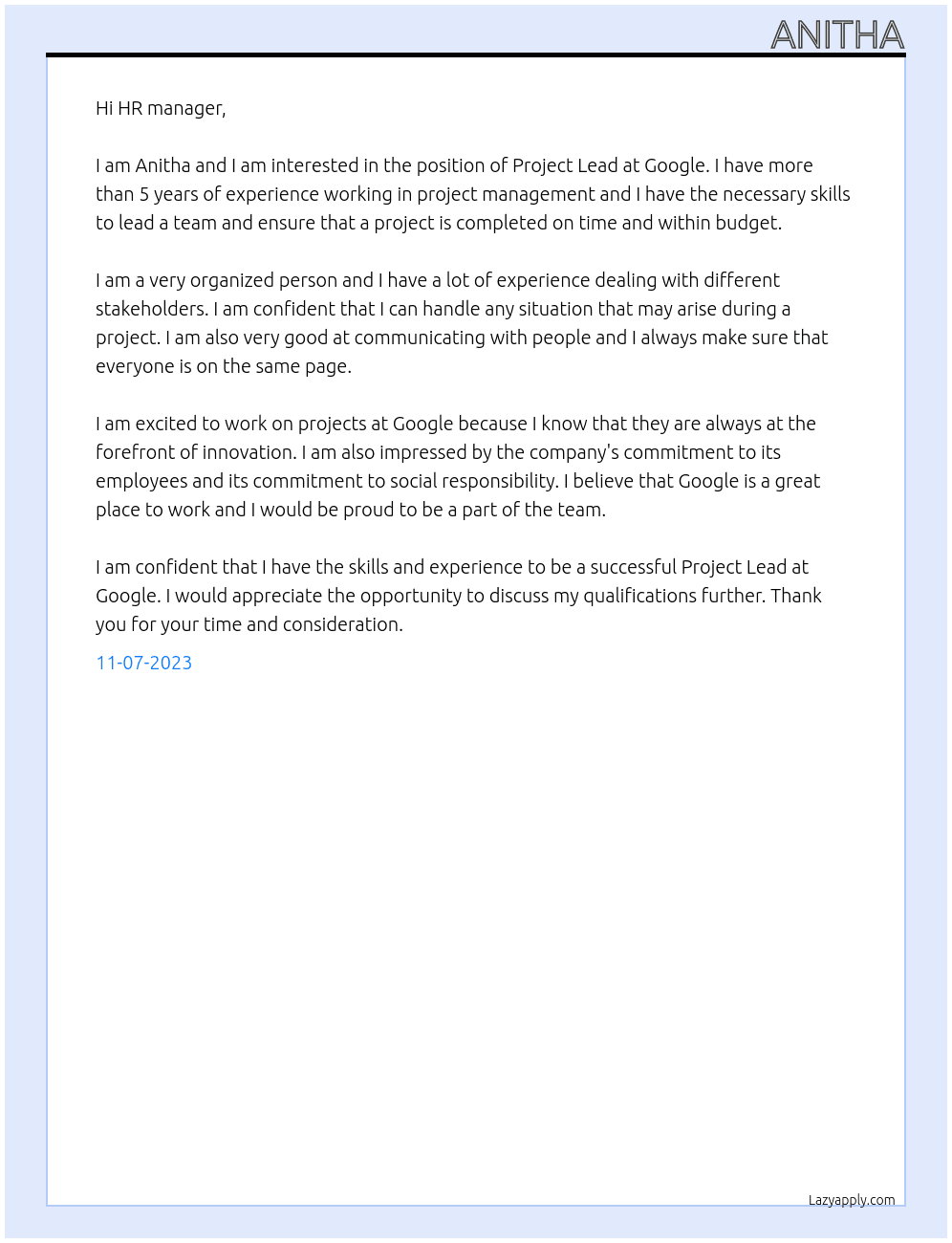 Project lead  At Google  Cover Letter