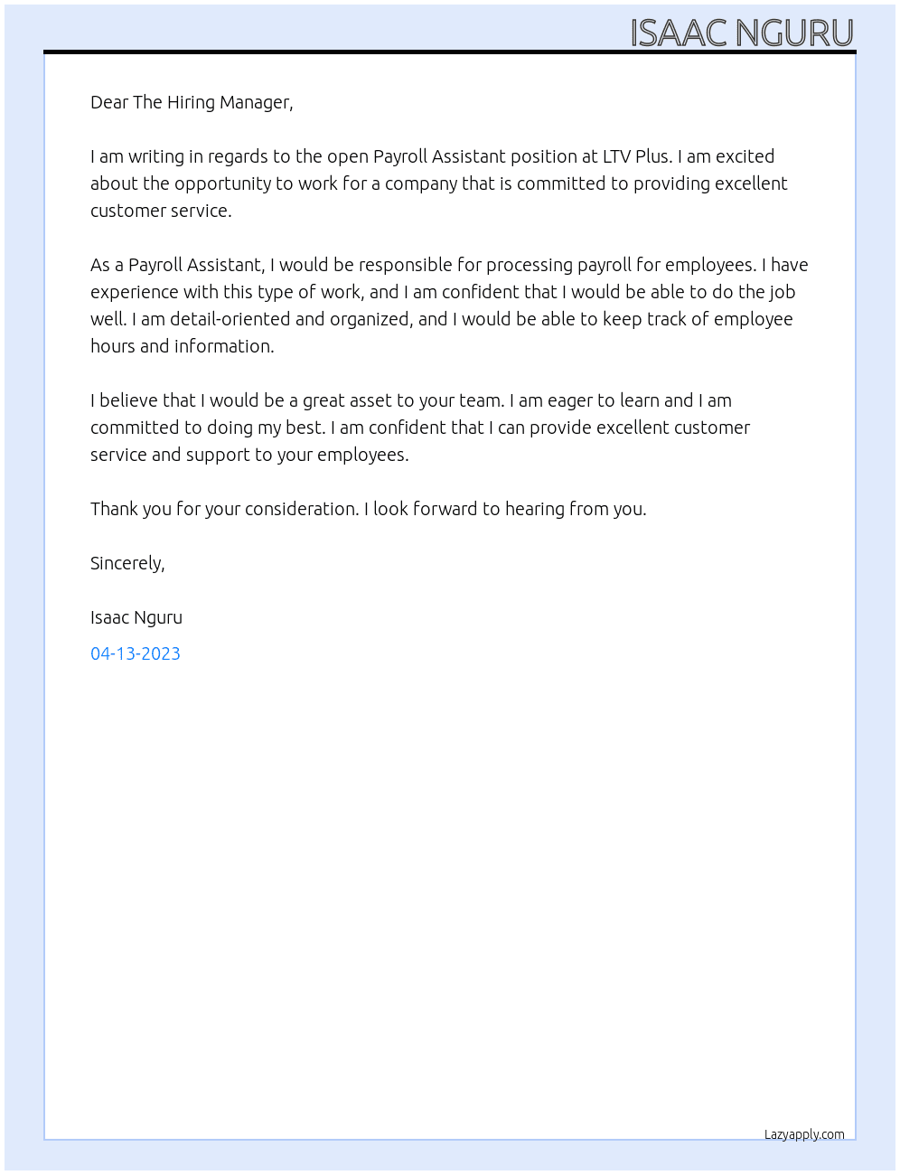 Payroll Assistant At LTV plus Cover Letter