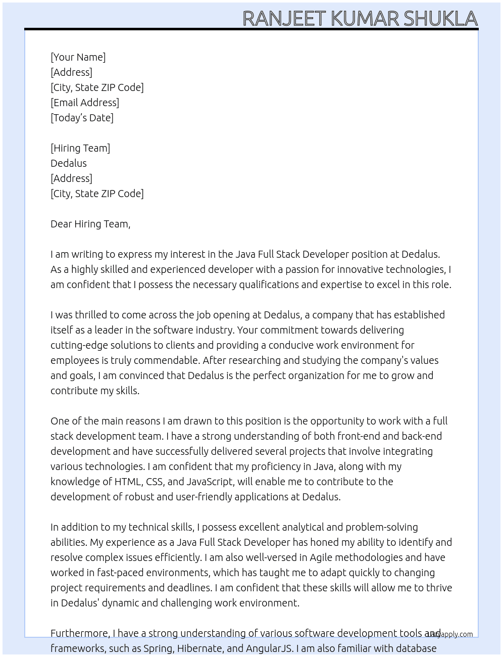 Java Full Stack Developer At Dedalus Cover Letter