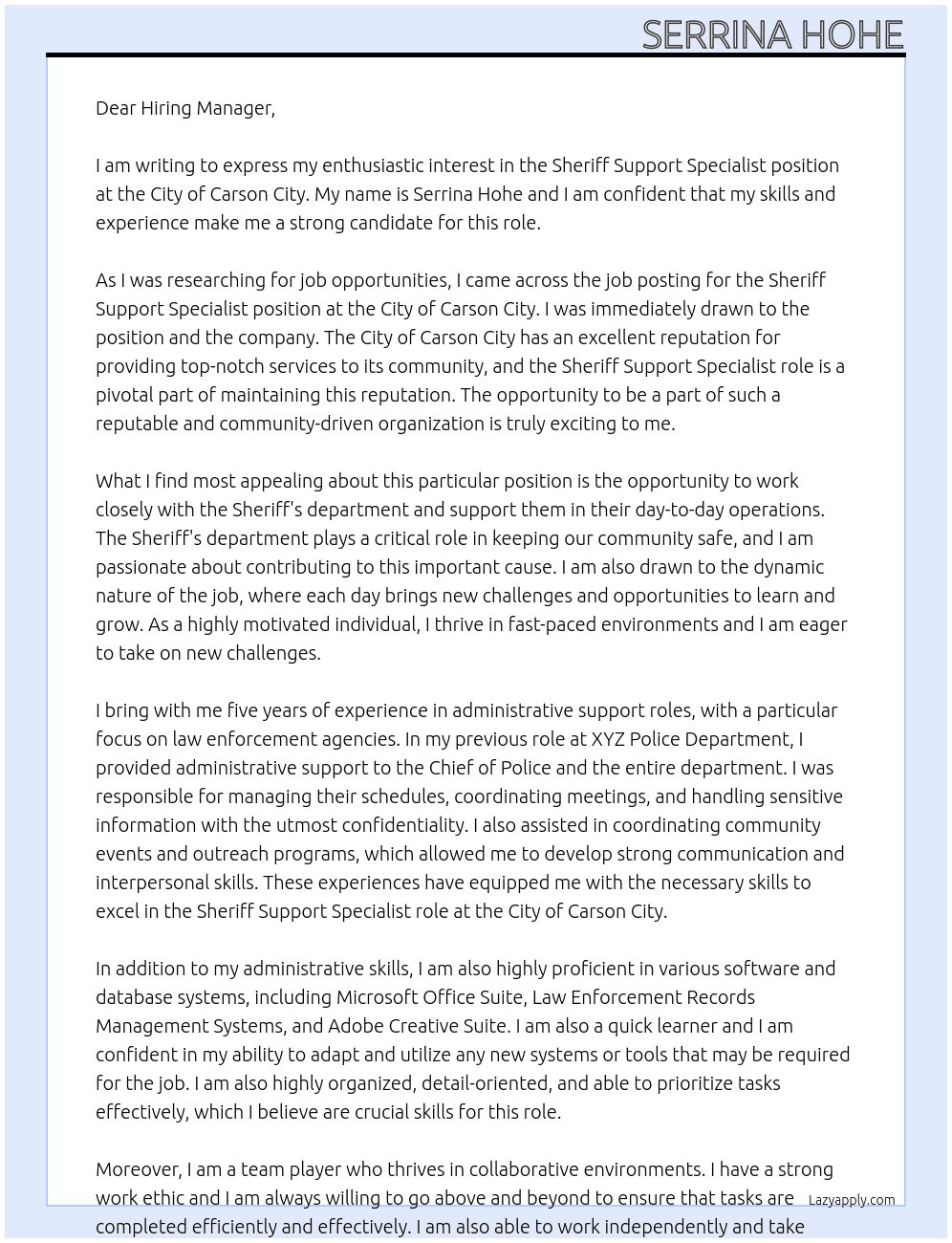 Sheriff Support Specialist At City of Carson City Cover Letter