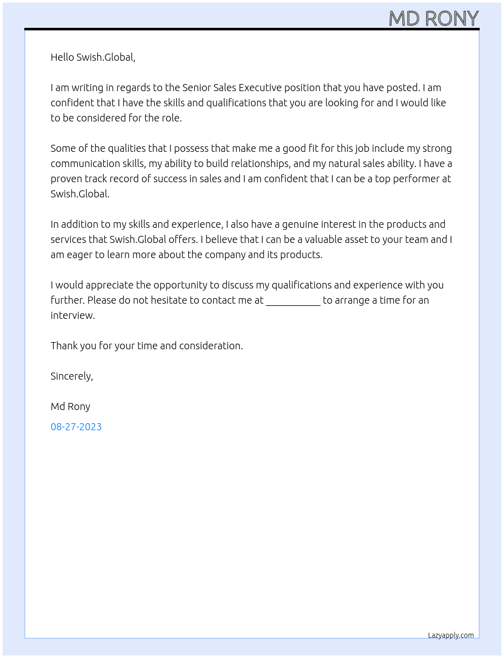 Senior Sale Executive At Swish.Global Cover Letter