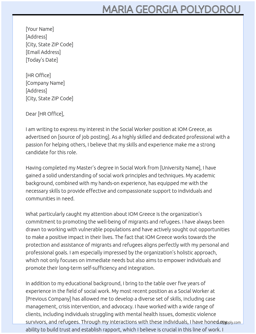 Social worker  At IOM Greece  Cover Letter