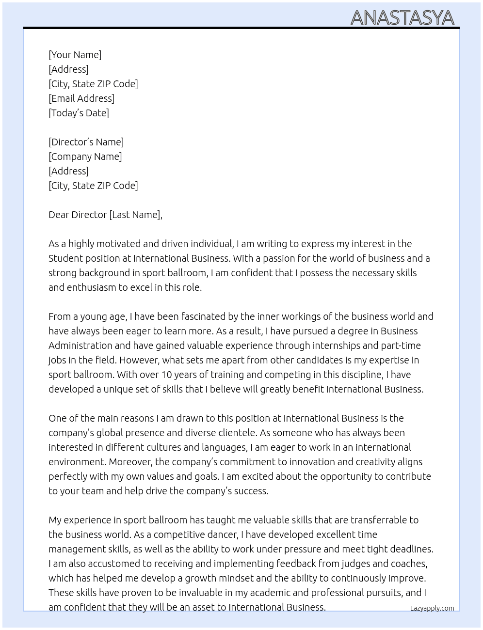 Student At International business  Cover Letter