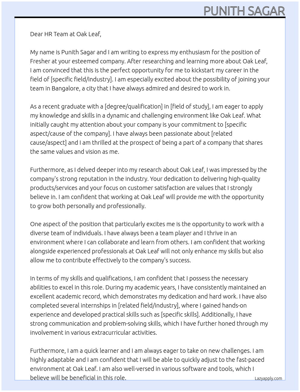 Fresher  At Oak leaf  Cover Letter