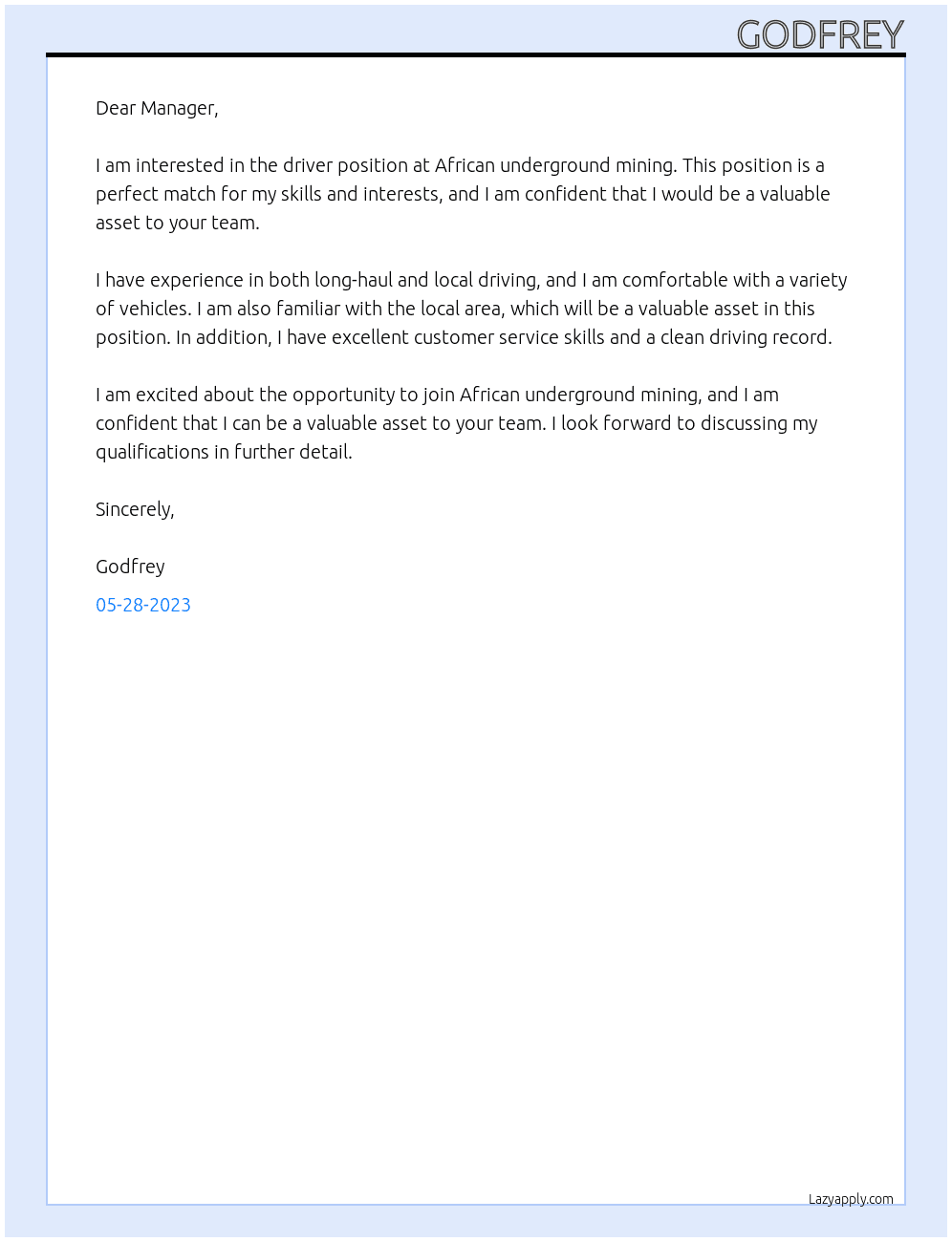 Driver At African underground mining  Cover Letter