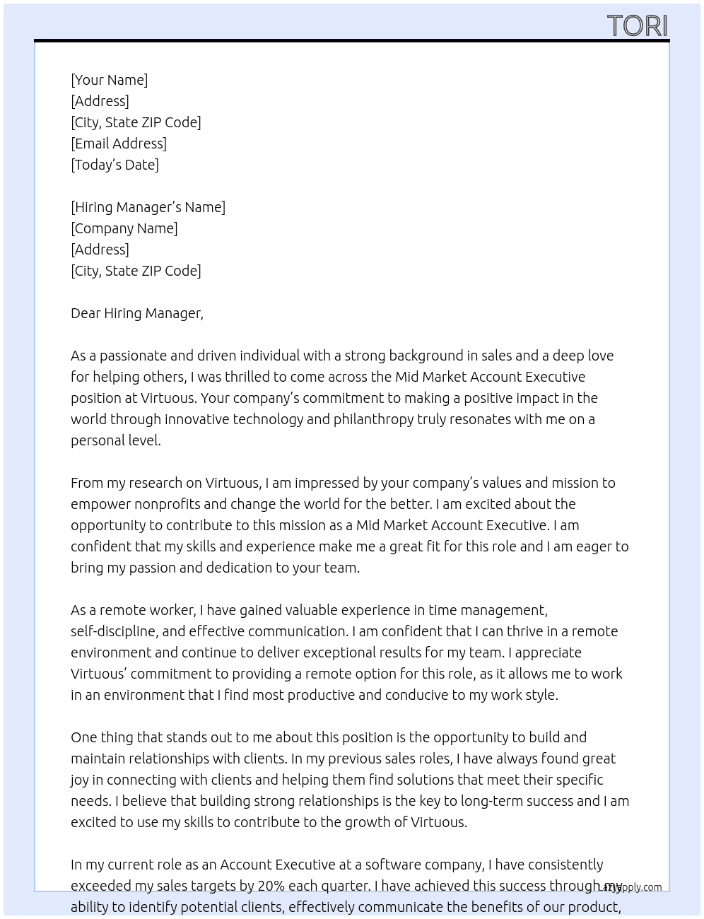 Mid Market Account Executive At Virtuous Cover Letter
