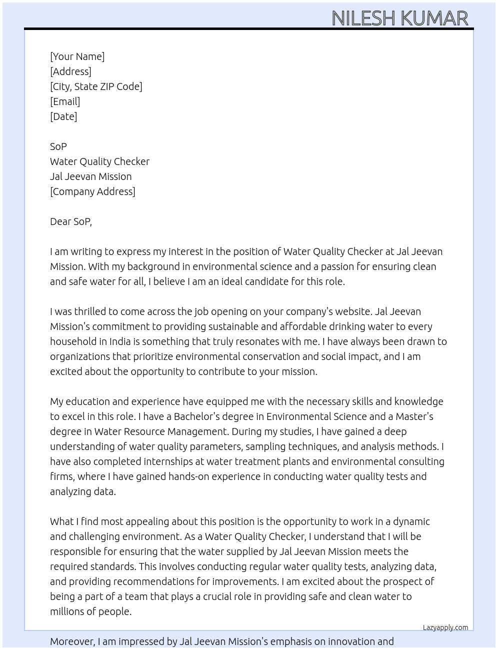 Water Quality Checker At Jal Jeevan  Mission  Cover Letter