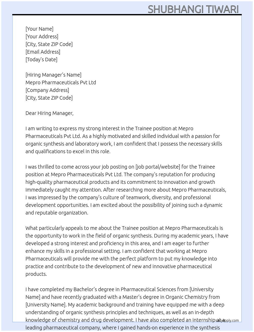 Trainee At Mepro pharmaceuticals Pvt Ltd  Cover Letter