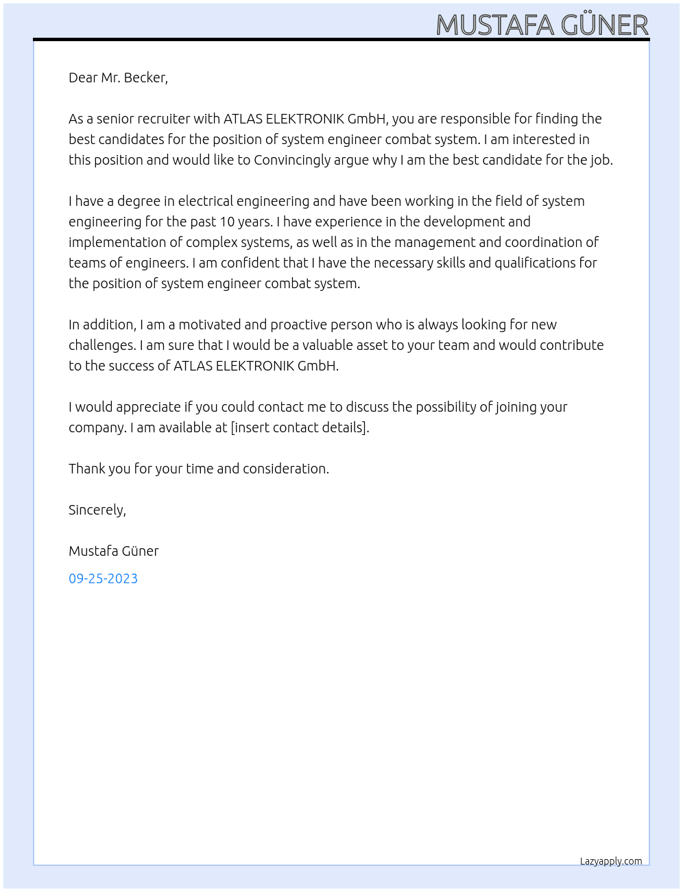 system engineer combat system At ATLAS ELEKTRONIK GmbH Cover Letter