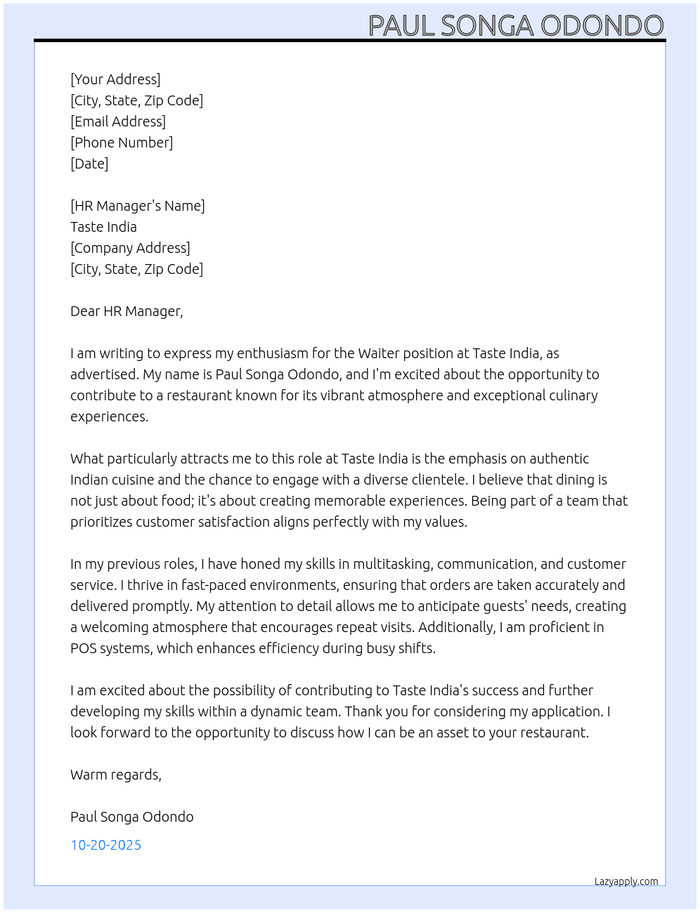 Waiter  At Taste india Cover Letter