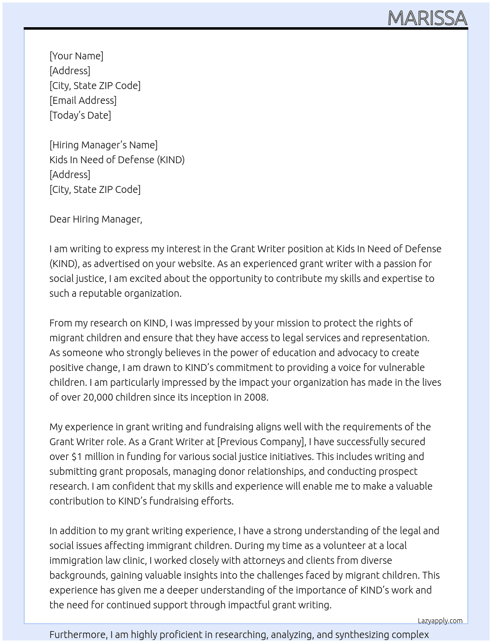 Grant Writer At Kids In Need of Defense (KIND) Cover Letter