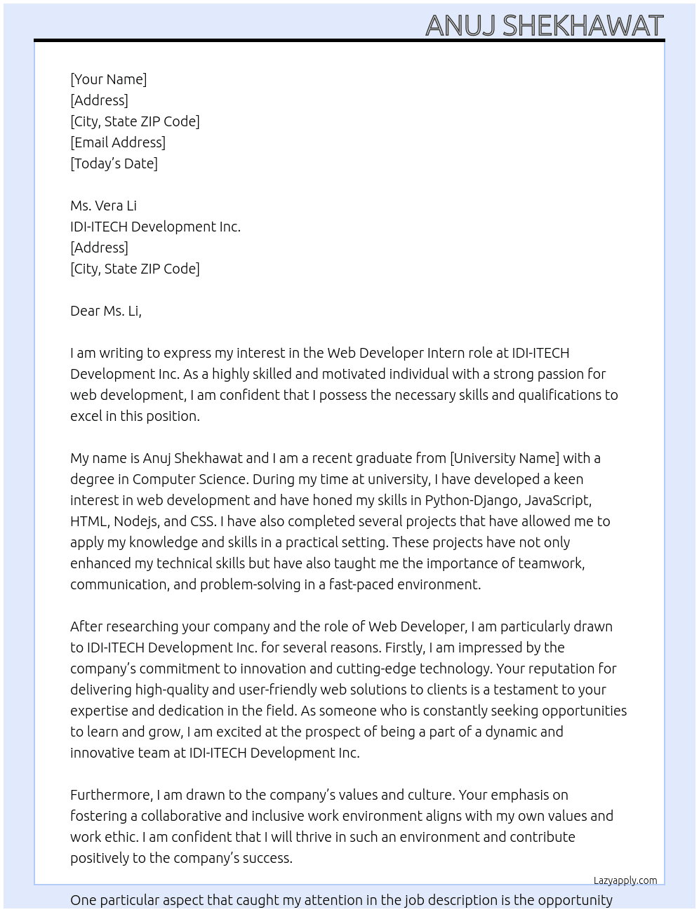 Web Developer At IDI-ITECH Development Inc. Cover Letter
