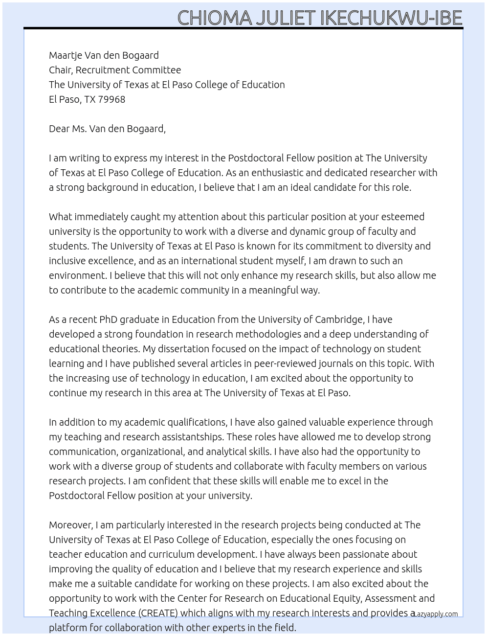 Postdoctoral Fellow At The University of Texas at El Paso College of Education Cover Letter