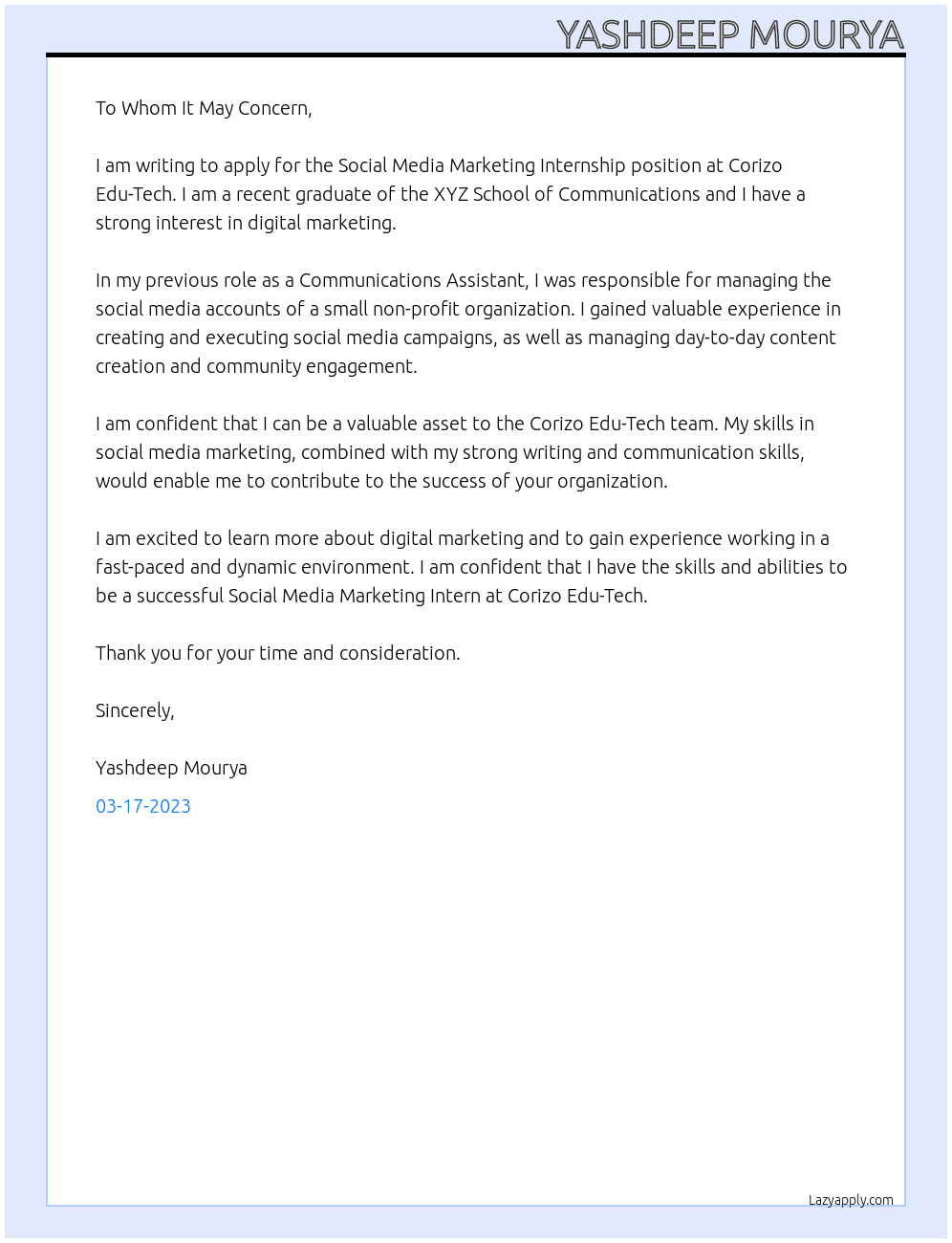 SOCIAL MEDIA MARKETING  At Corizo Edu-Tech Cover Letter