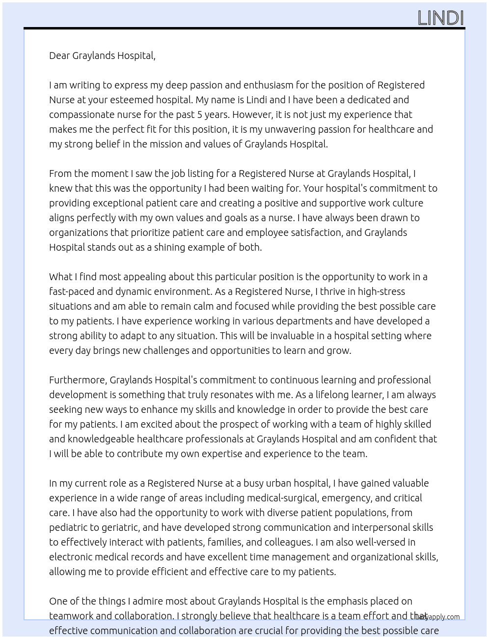 registered nurse At graylands hospital Cover Letter