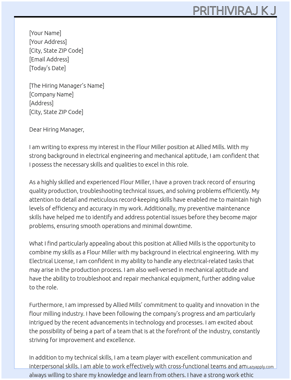 Flour Miller  At Allied Mills Cover Letter