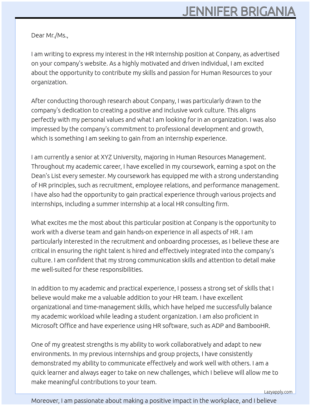 HR Internship At Conpany Cover Letter