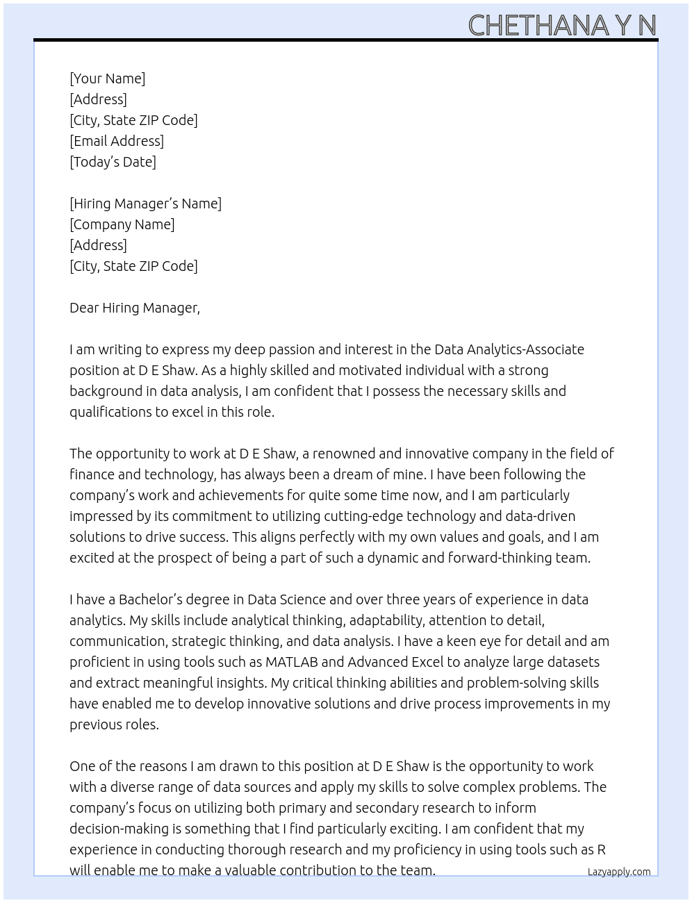 Data Analytics-Associate At D E Shaw Cover Letter