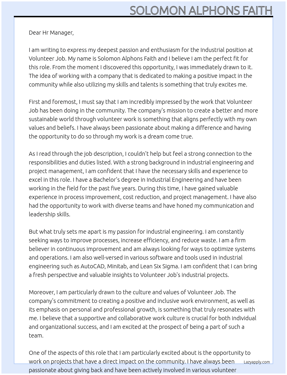 industrial At volunteer job Cover Letter