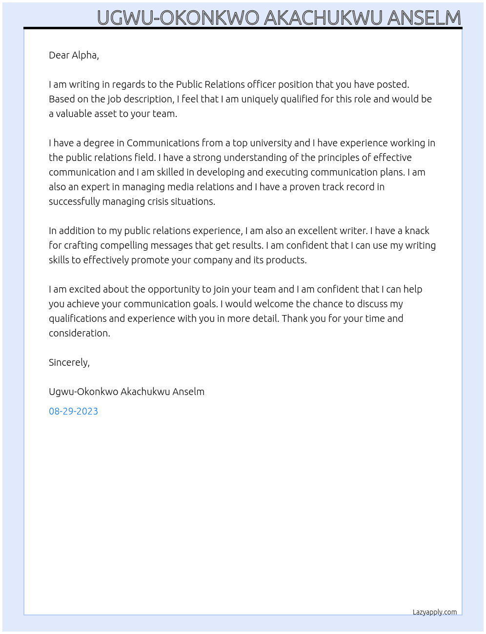 Public Relations officer  At Alpha Cover Letter