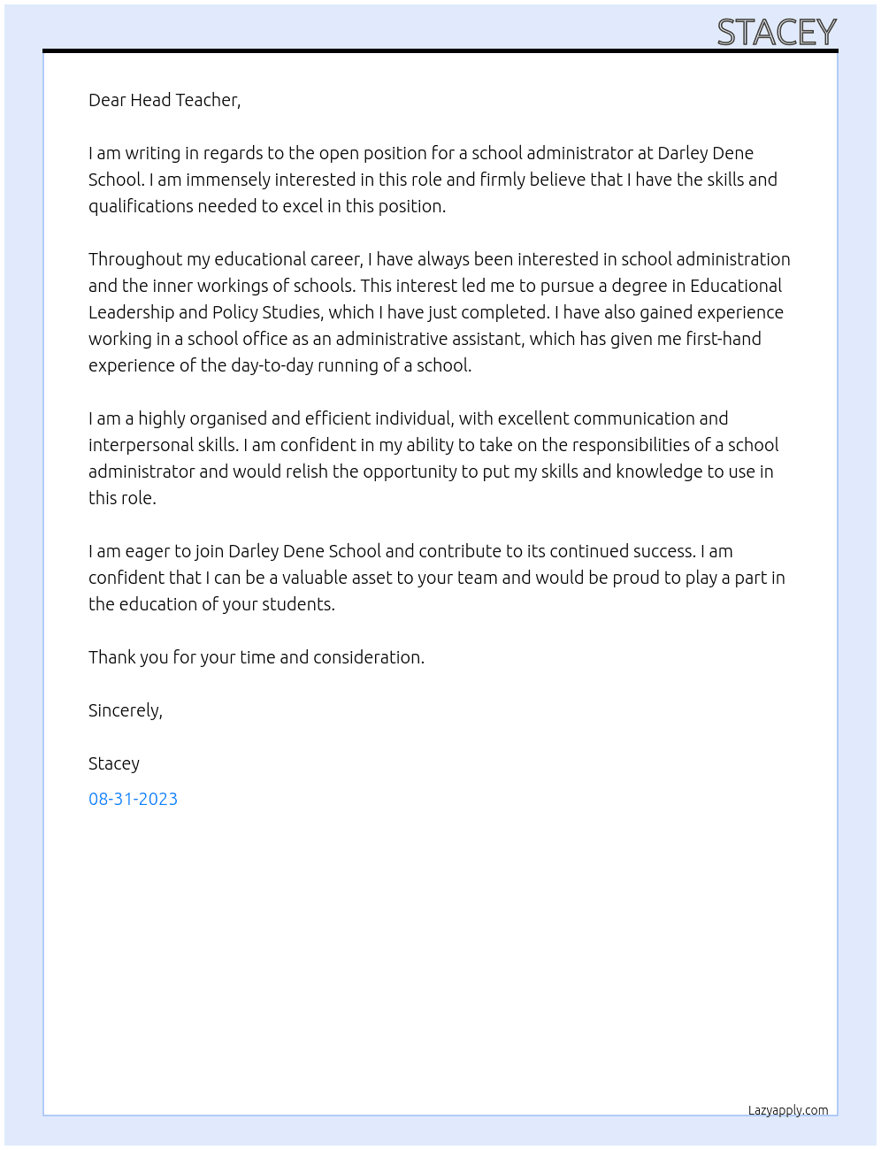 School administrator At Darley Dene School Cover Letter