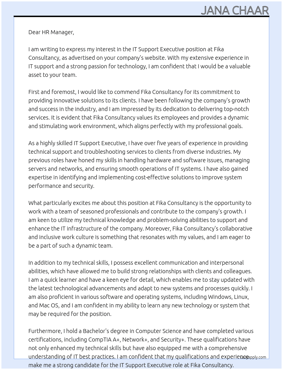 IT Support Executive At Fika Consultancy Cover Letter
