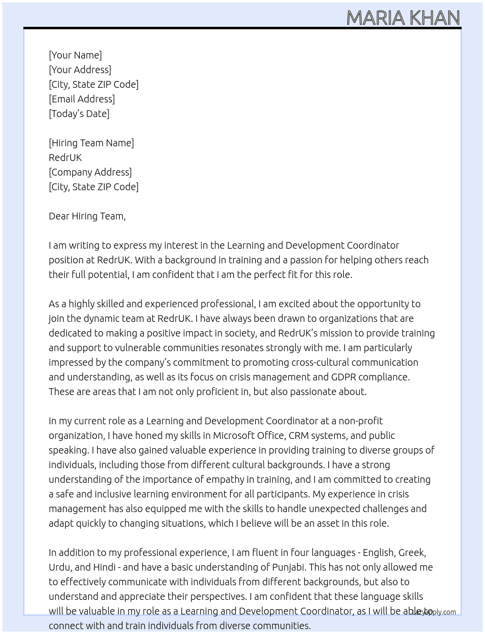 Learning and Development Coordinator At RedrUK Cover Letter