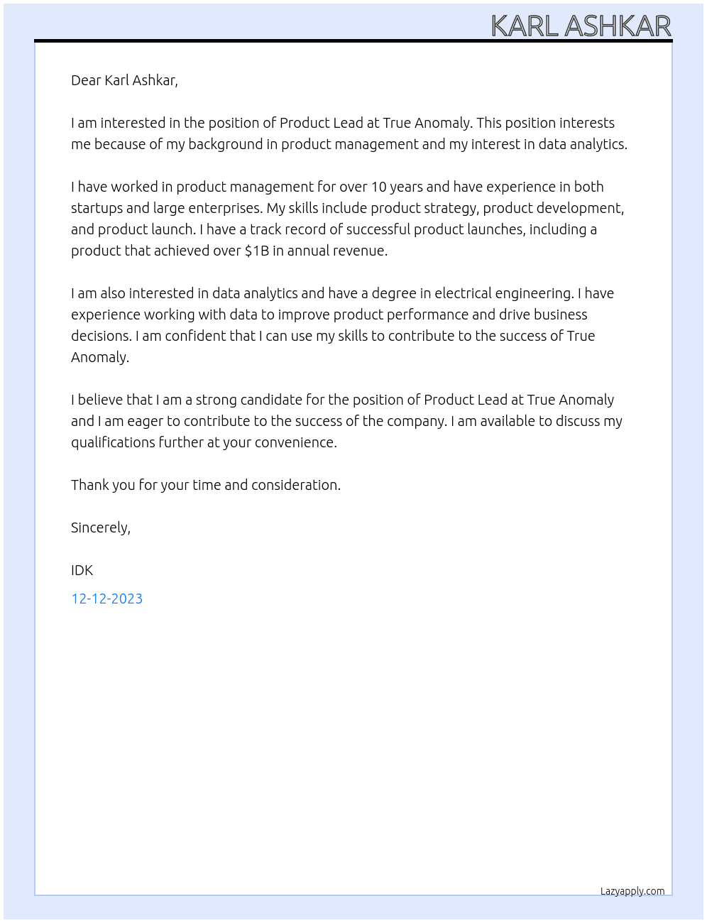 Product Lead At True Anomaly Cover Letter