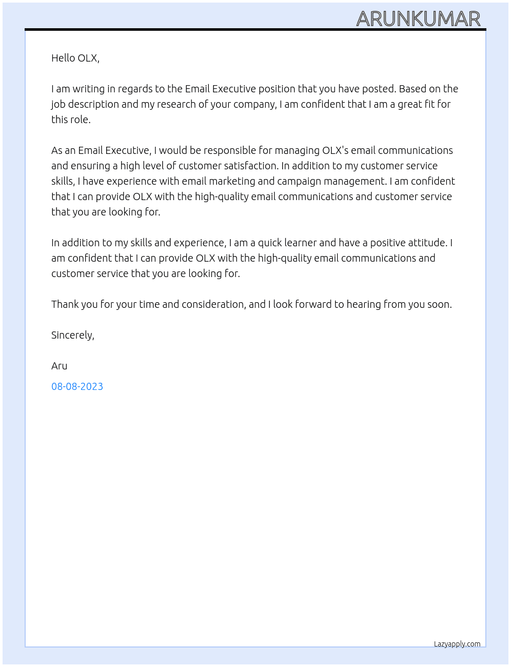 Email Executive At OLX Cover Letter