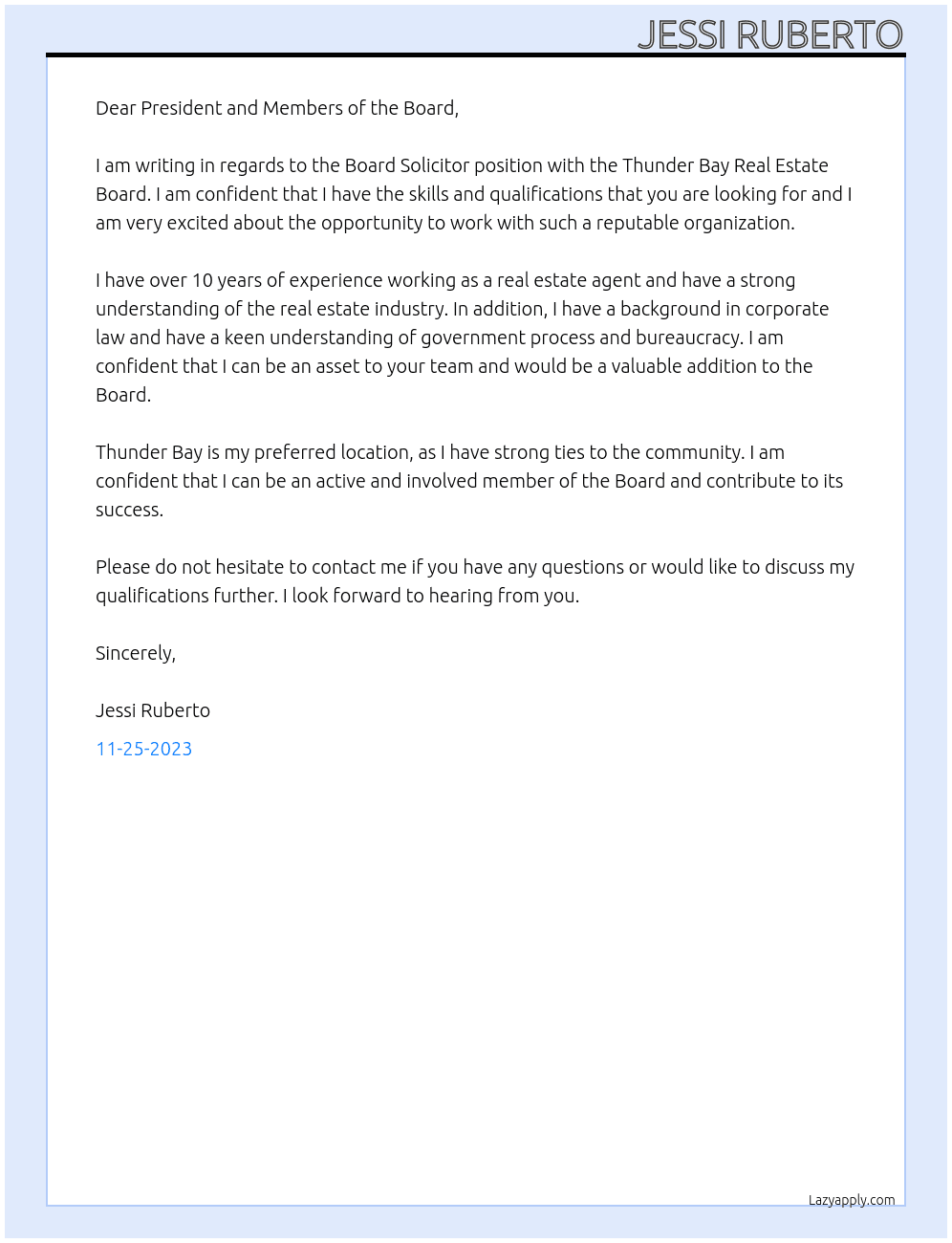 Board Solicitor At Thunder Bay Real Estate Board Cover Letter