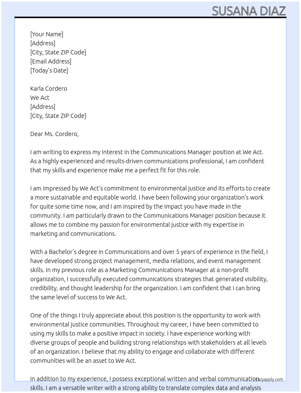 Communications Manager At We Act  Cover Letter
