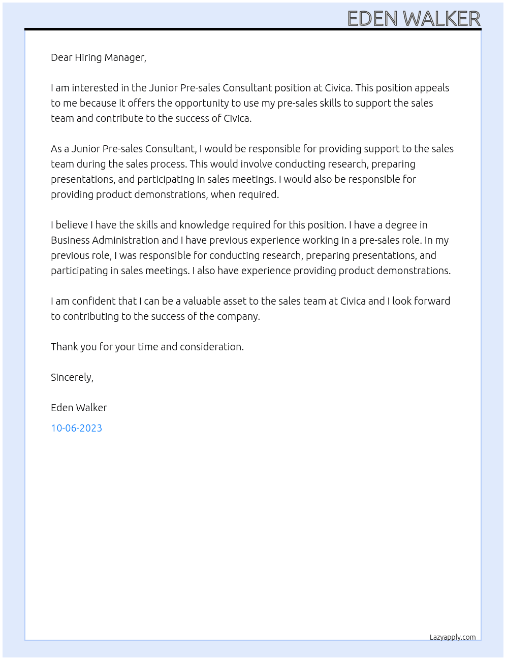 Junior Pre-sales Consultant At Civica Cover Letter