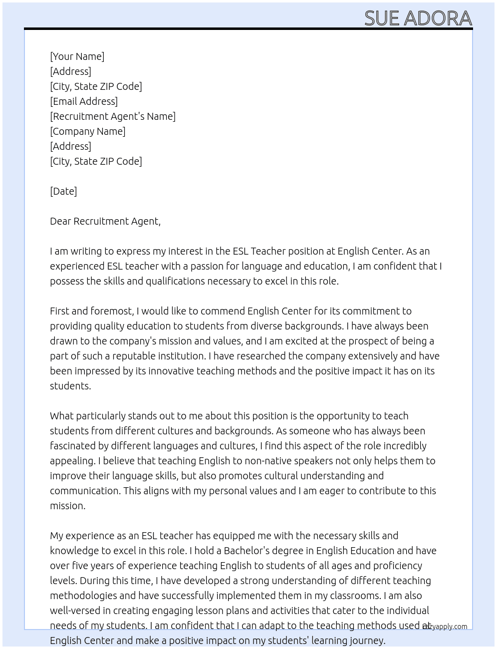ESL Teacher At English Center Cover Letter