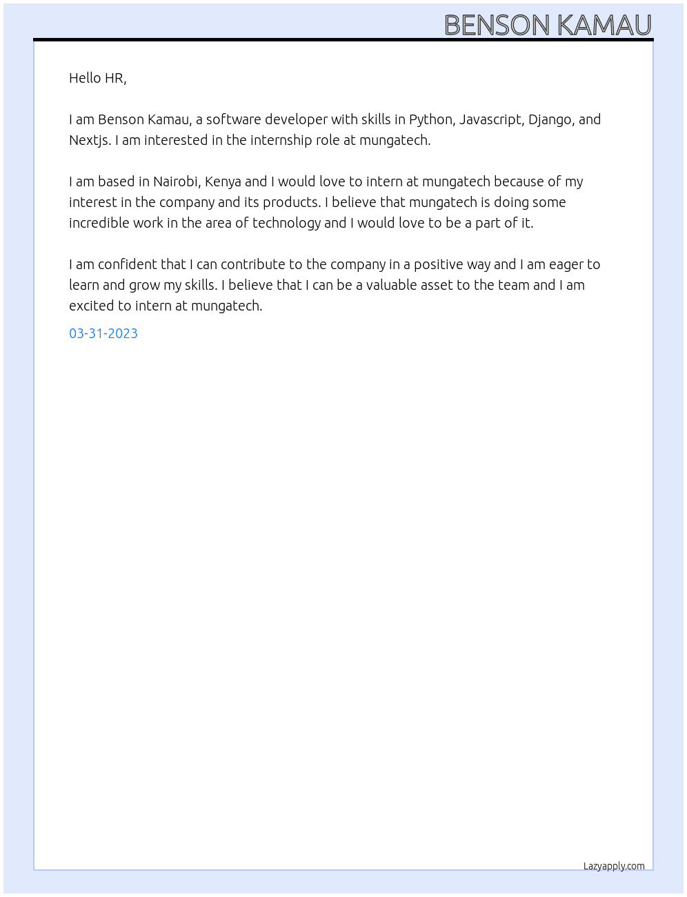Software Developer At mungatech Cover Letter