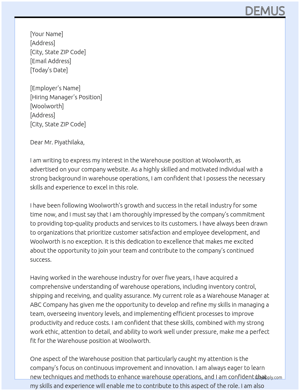 warehouse At Woolworth Cover Letter