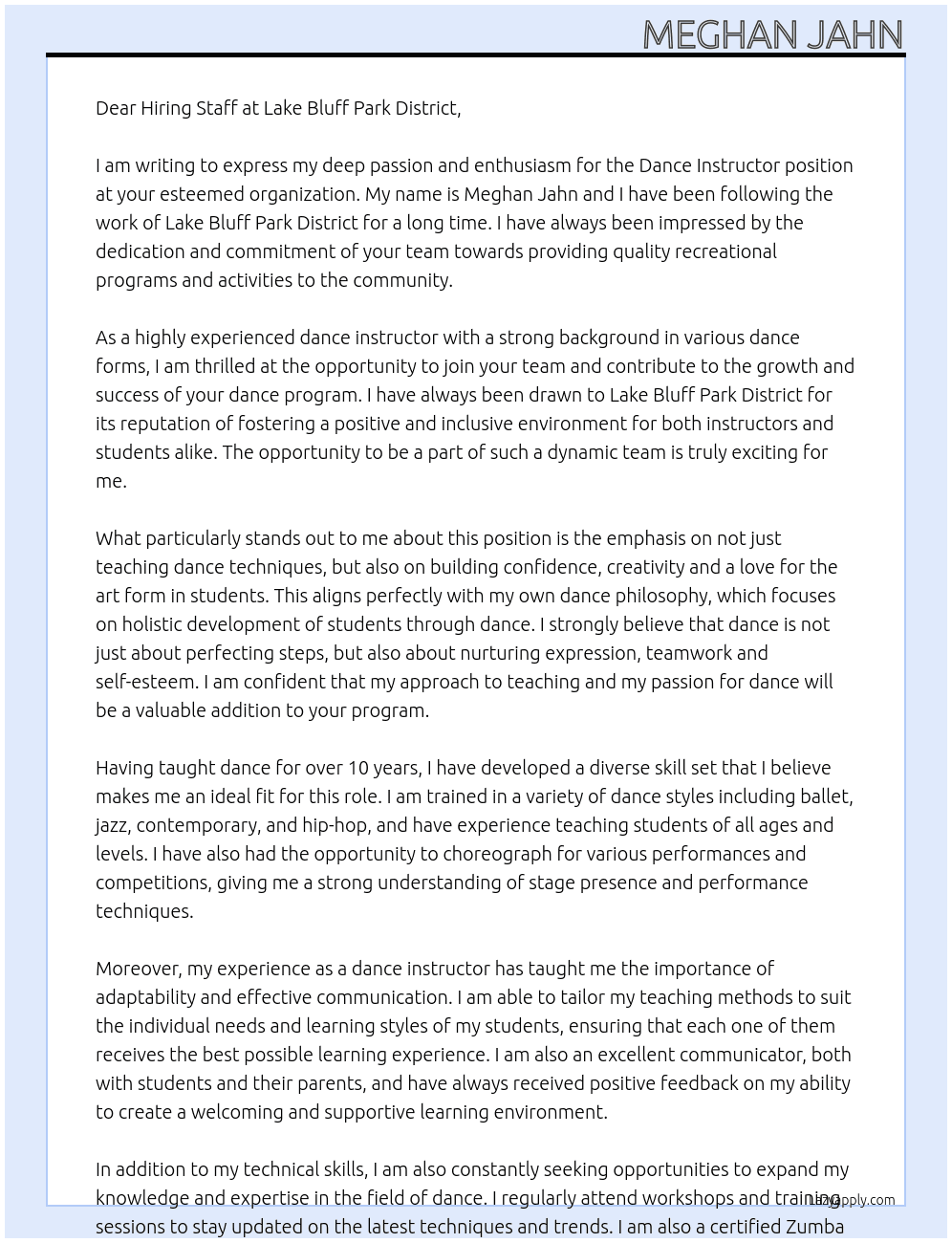 Dance instructor At Lake Bluff Park District Cover Letter