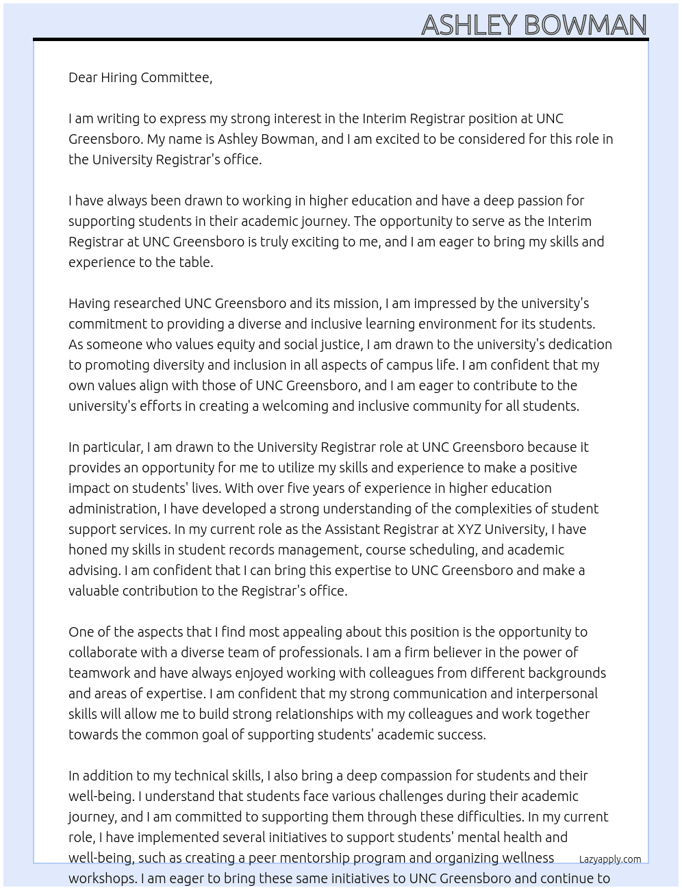 Interim Registrar At UNC Greensboro Cover Letter