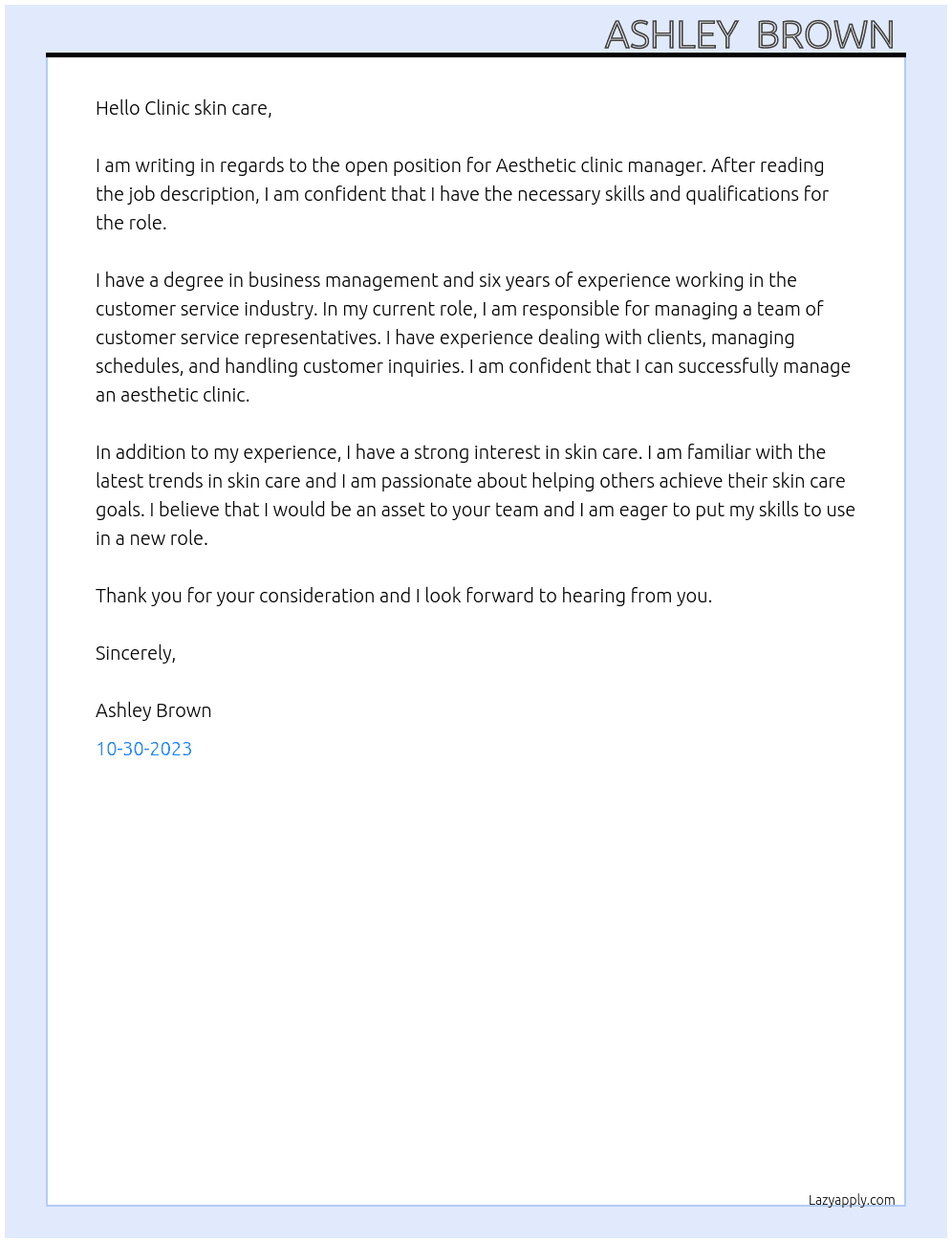 Aesthetic clinic manager  At Clinic skin car  Cover Letter