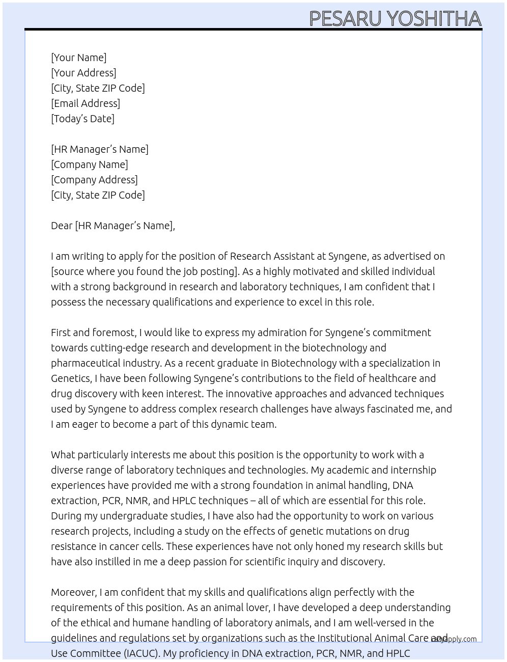 Research assisstant At Syngene Cover Letter